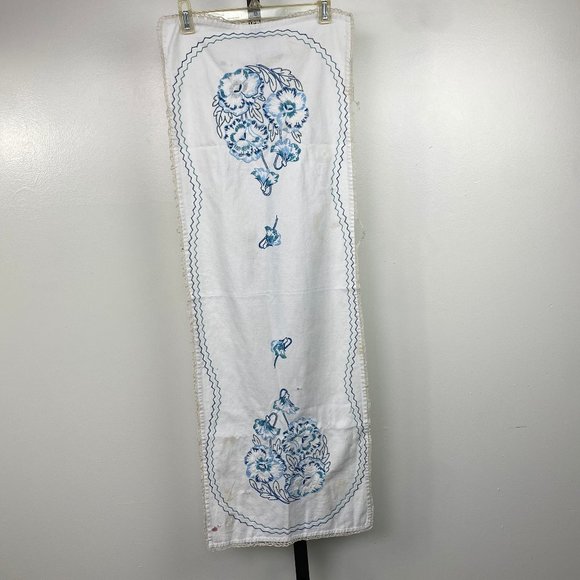 Vintage Shades of Blue Embroidered Table Runner 13" X 37" - Picture 1 of 12